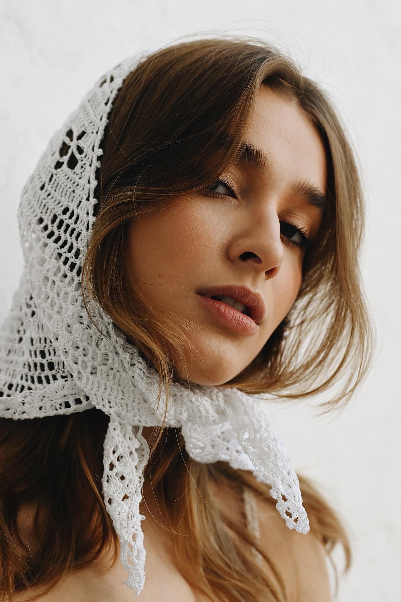 Handmade Crochet Cotton Kerchief: White Lace Hair Scarf