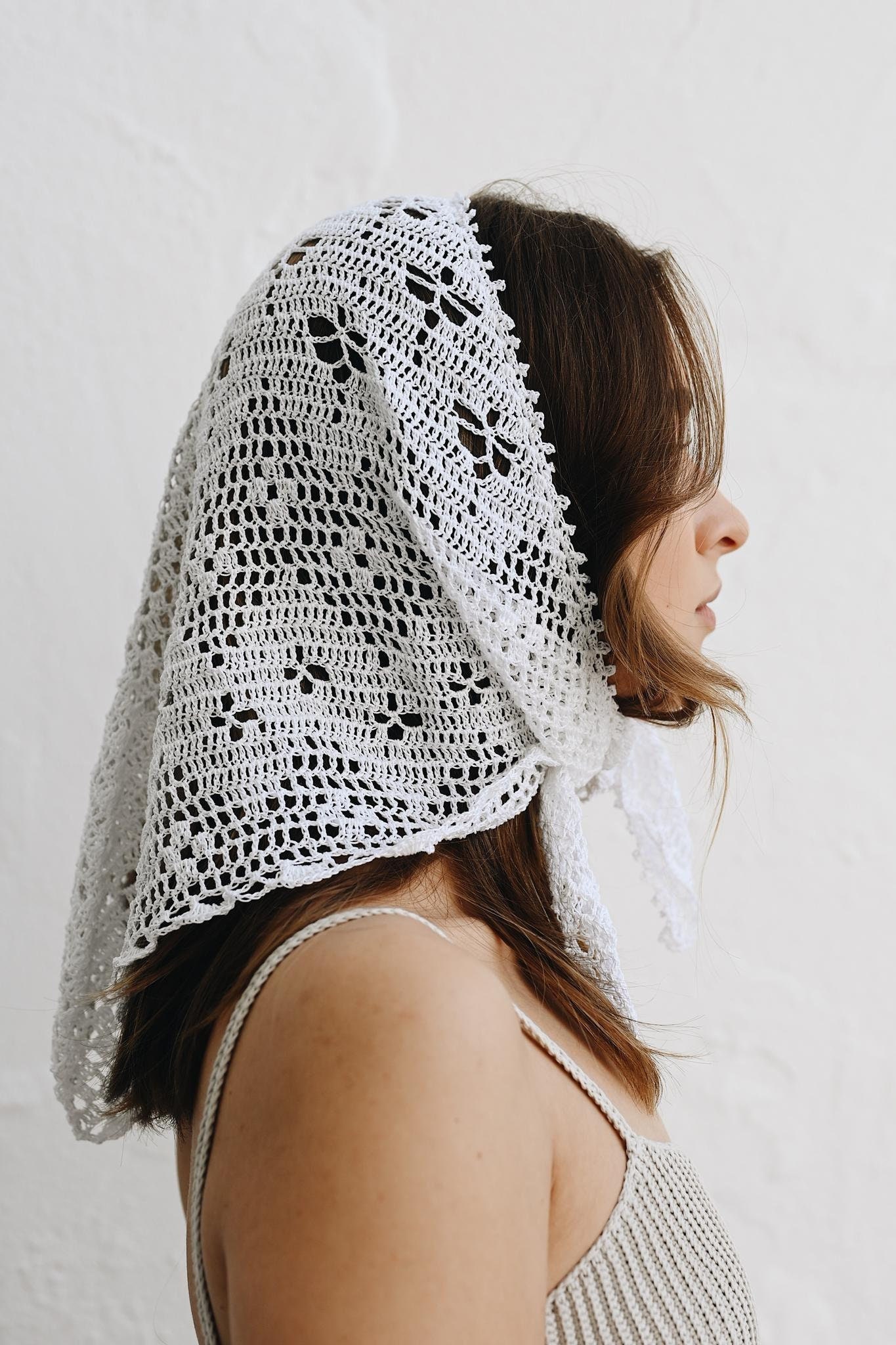 Handmade Crochet Cotton Kerchief: White Lace Hair Scarf