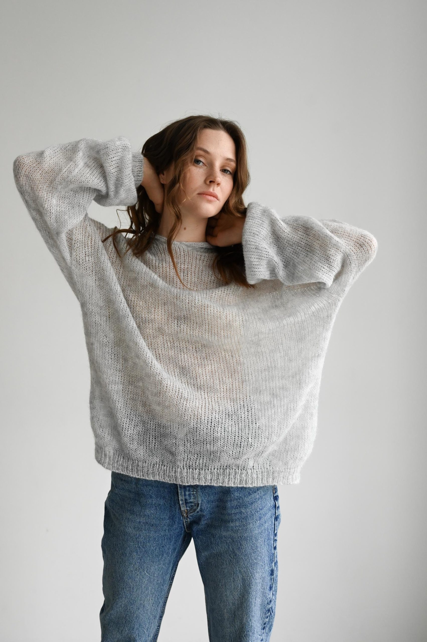 Hand Knitted Mohair Hoodie: Gray Slouchy Knitwear