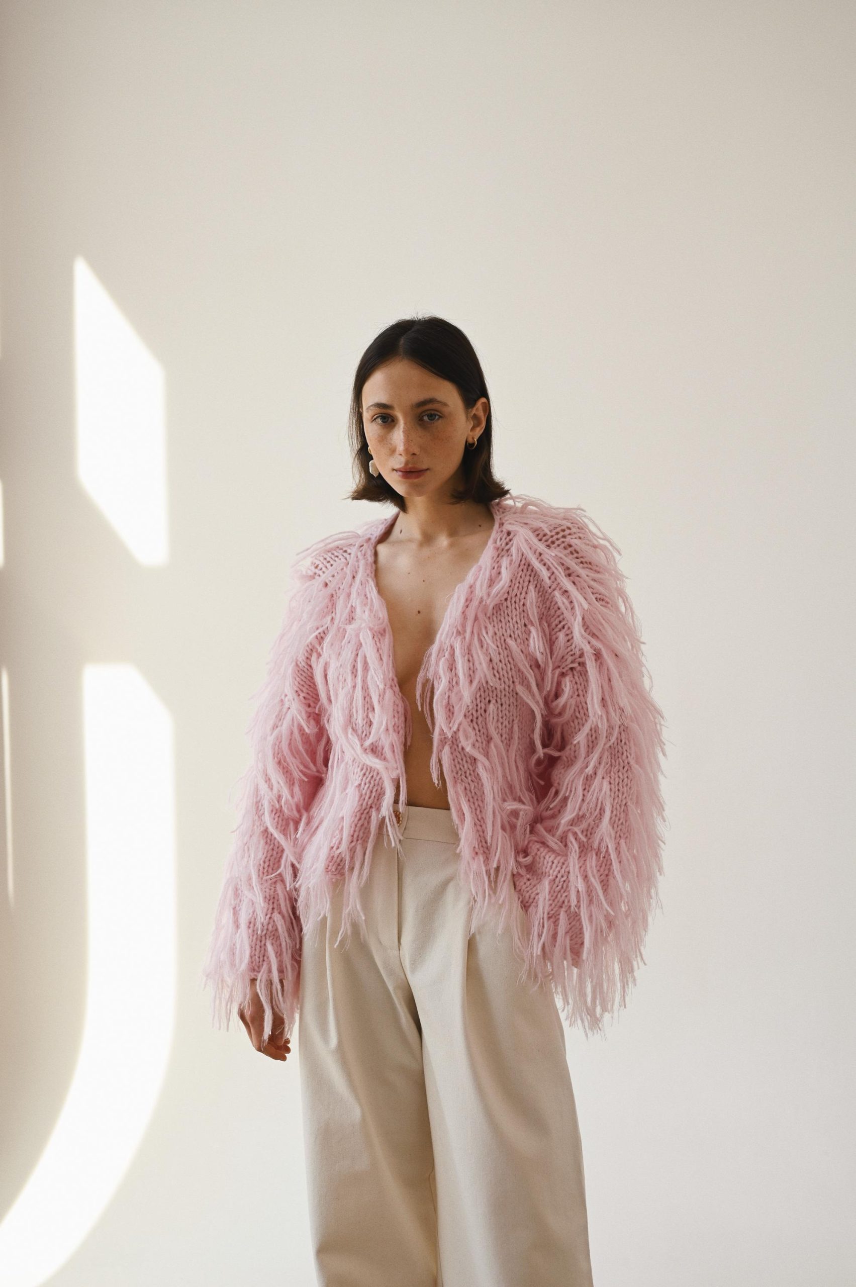 Handmade Pink Alpaca Merino Cardigan: Cropped Wool Knit Jacket