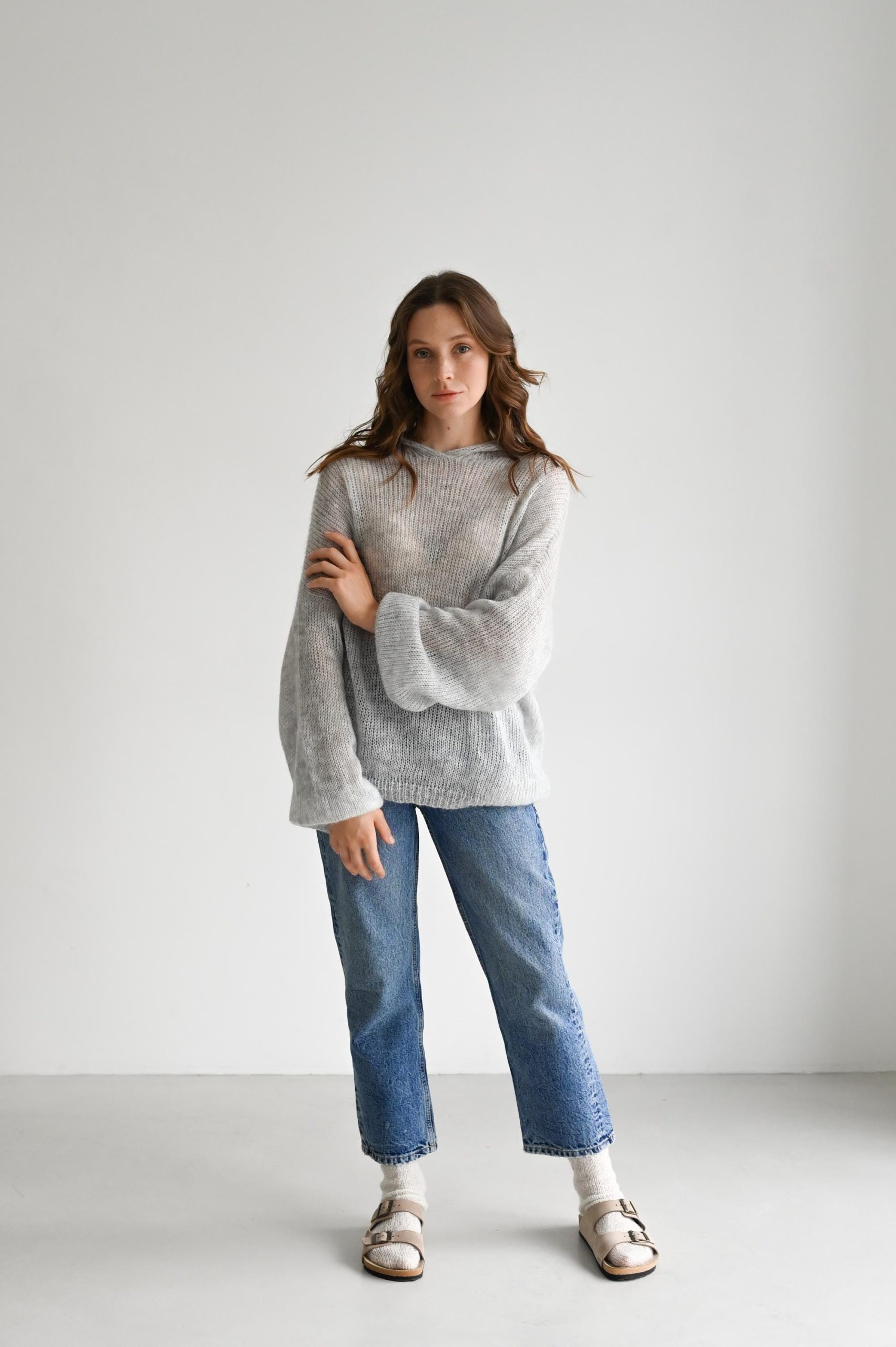 Hand Knitted Mohair Hoodie: Gray Slouchy Knitwear