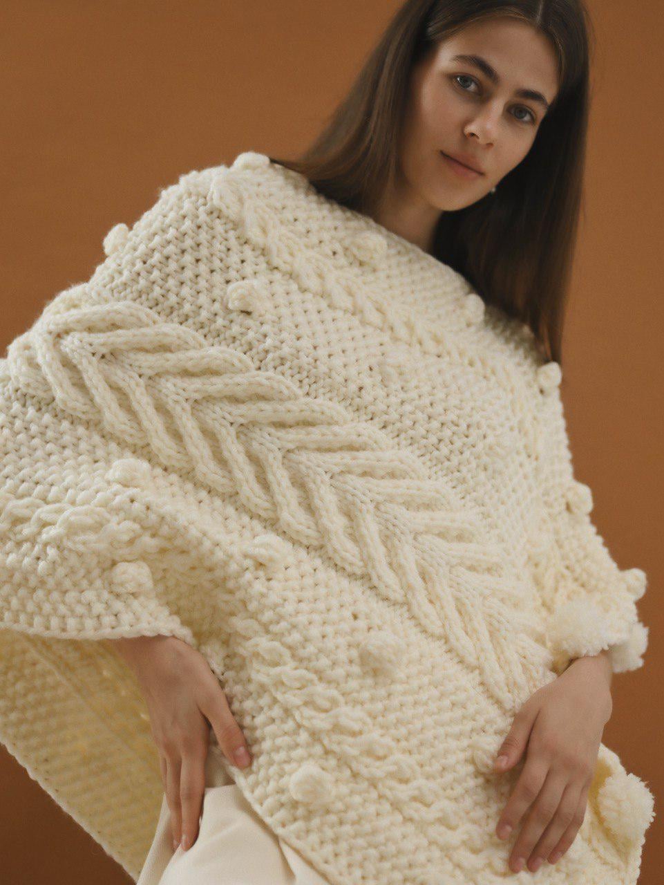 Handcrafted Cream Cable Knit Poncho With Tassels, White Woman Gift Cape Sweater
