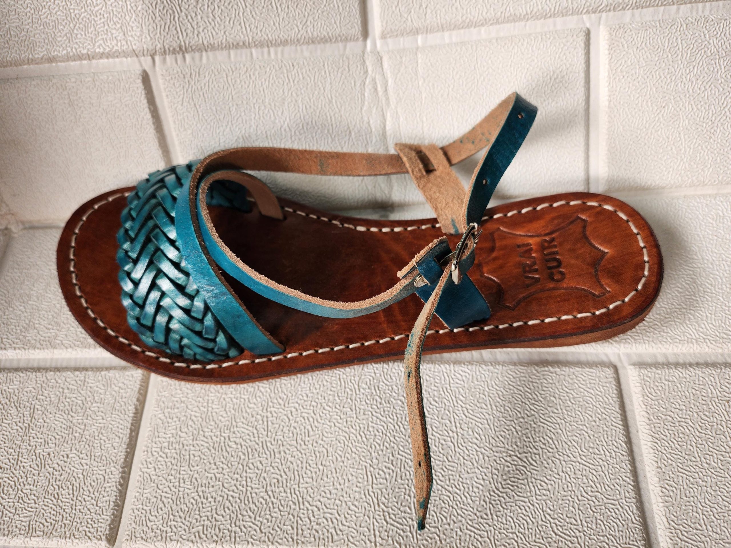 Handmade Moroccan Women’s Sandals – Turquoise Braided Leather Summer Shoes – Genuine Tan Flat Sandals, Real Leather Slides, Gift For Her