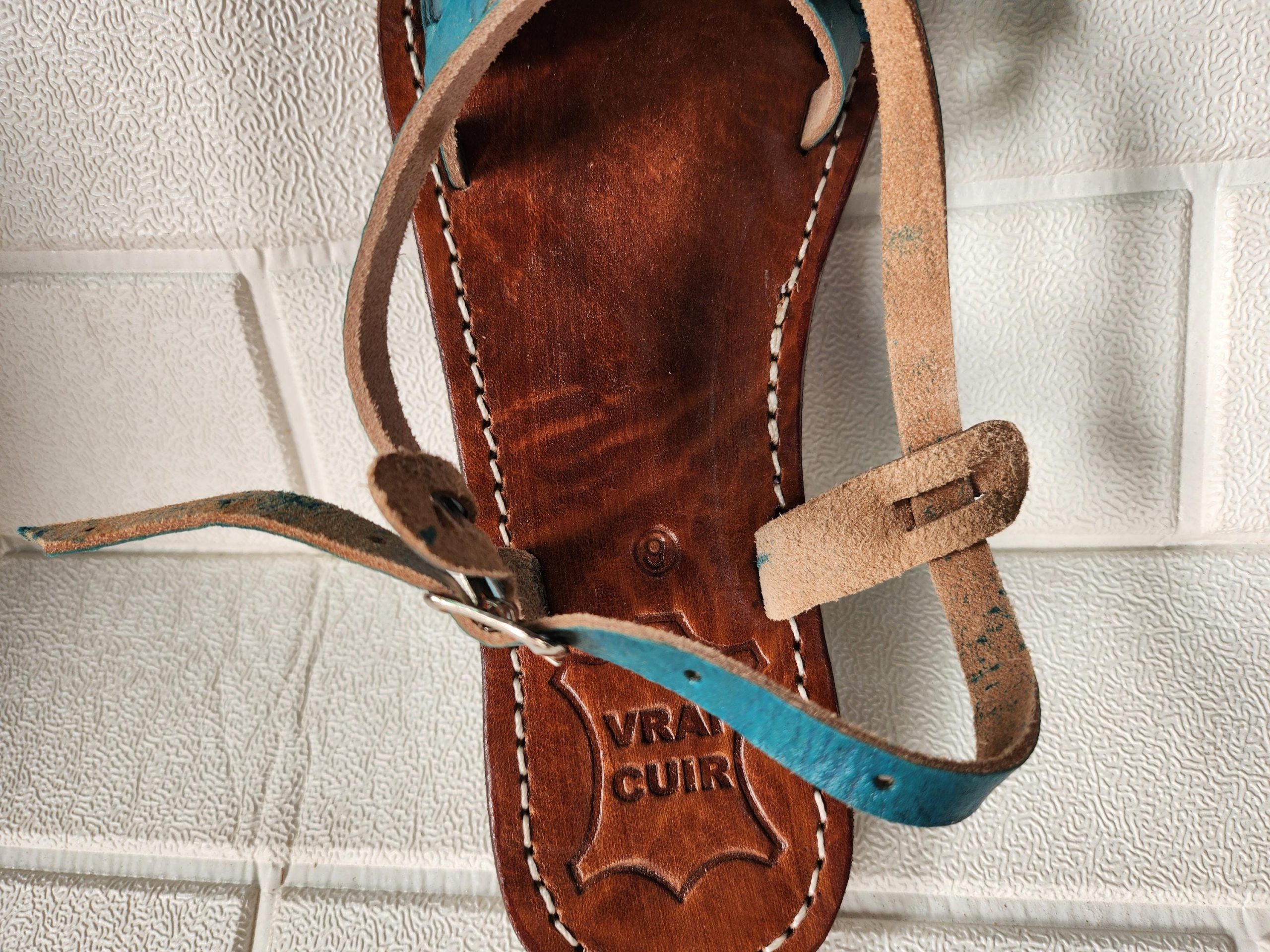 Handmade Moroccan Women’s Sandals – Turquoise Braided Leather Summer Shoes – Genuine Tan Flat Sandals, Real Leather Slides, Gift For Her