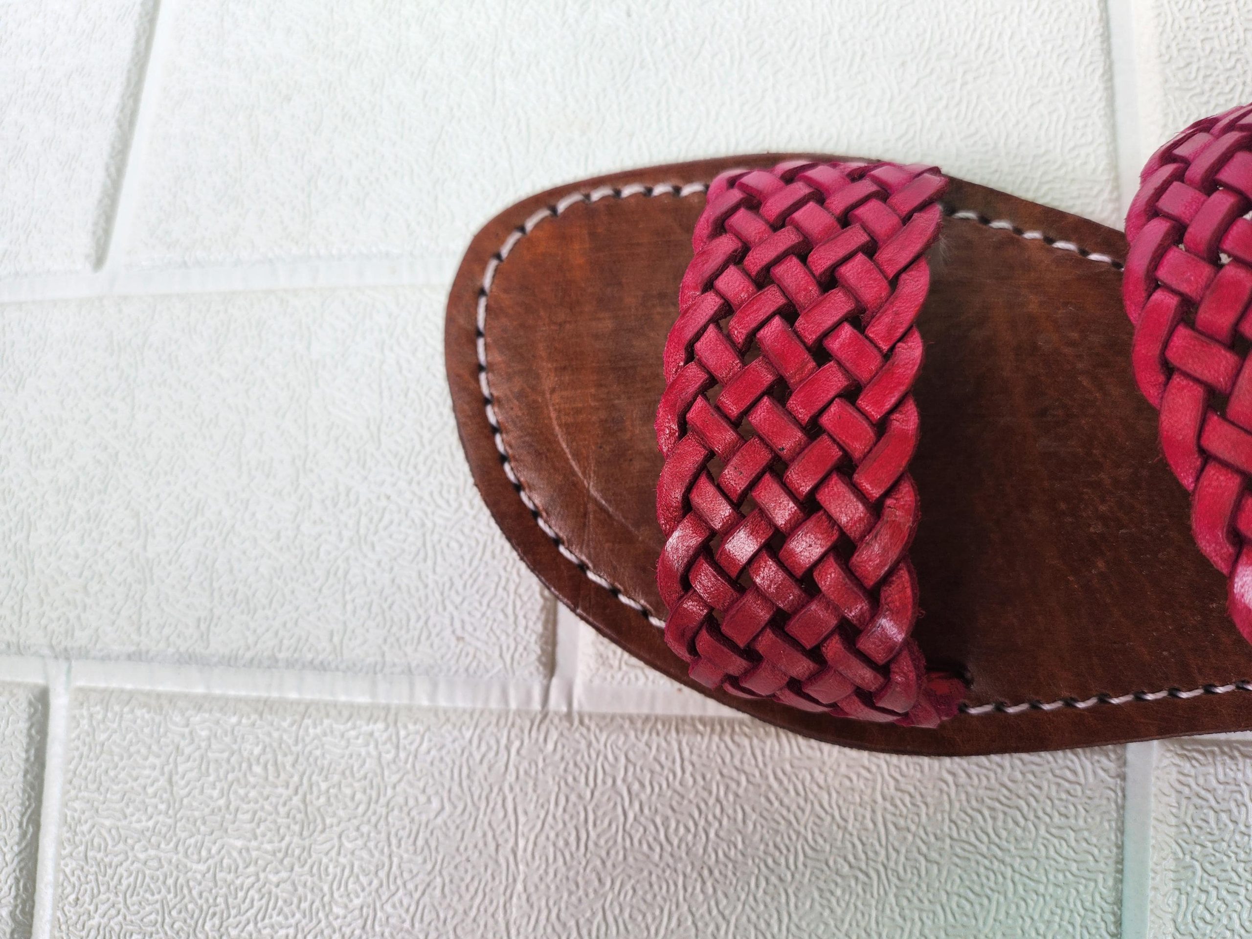 Double Strap Braided Moroccan Sandals For Women – Handmade Red Leather Summer Flats – Artisan Slip-on Shoes 37 To 42 – Real Leather Slides
