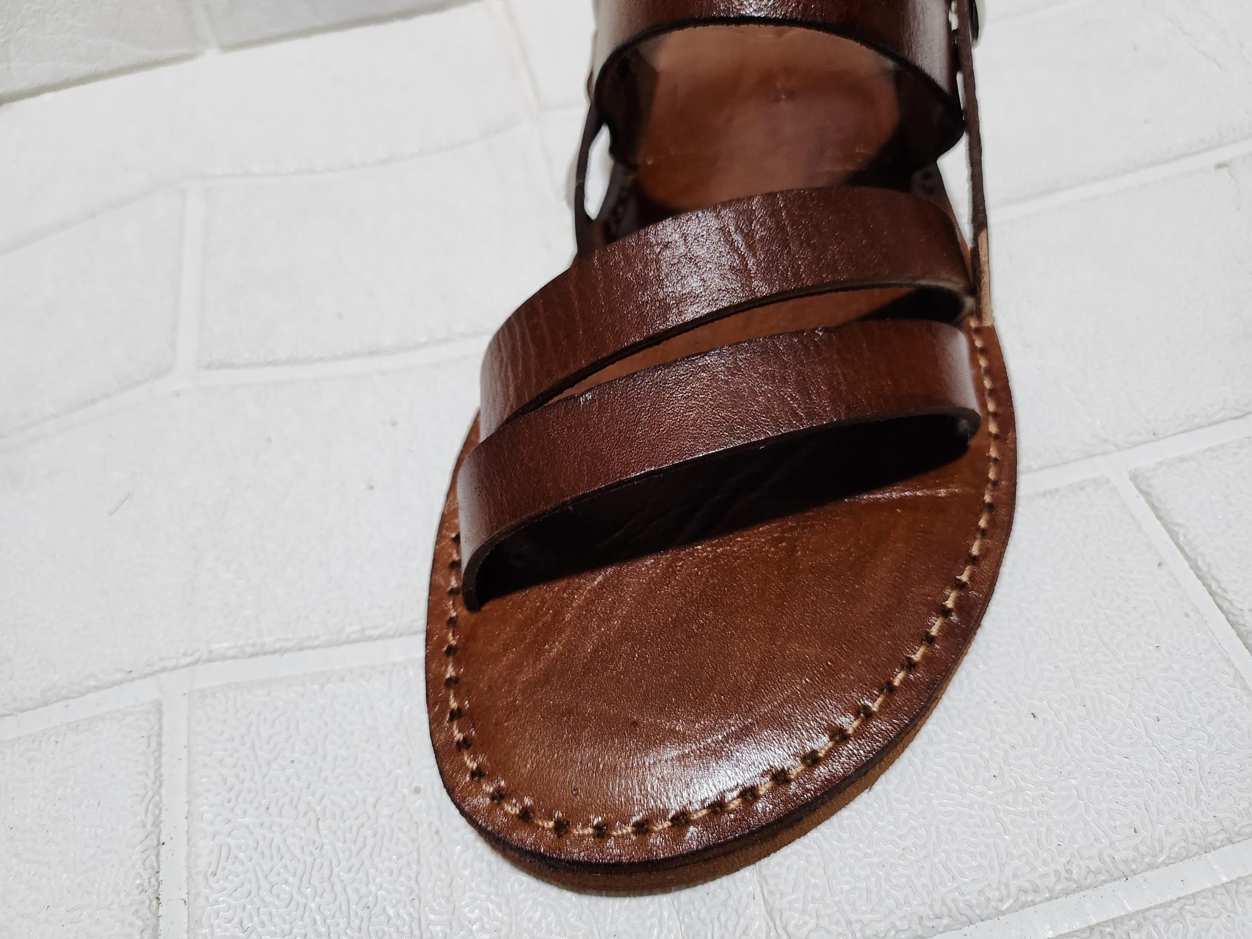 Moroccan Men’s Leather Sandals – Handmade Brown Buckle Sandals With Triple Strap, Comfortable Rubber Sole, Traditional Moroccan Summer Shoes
