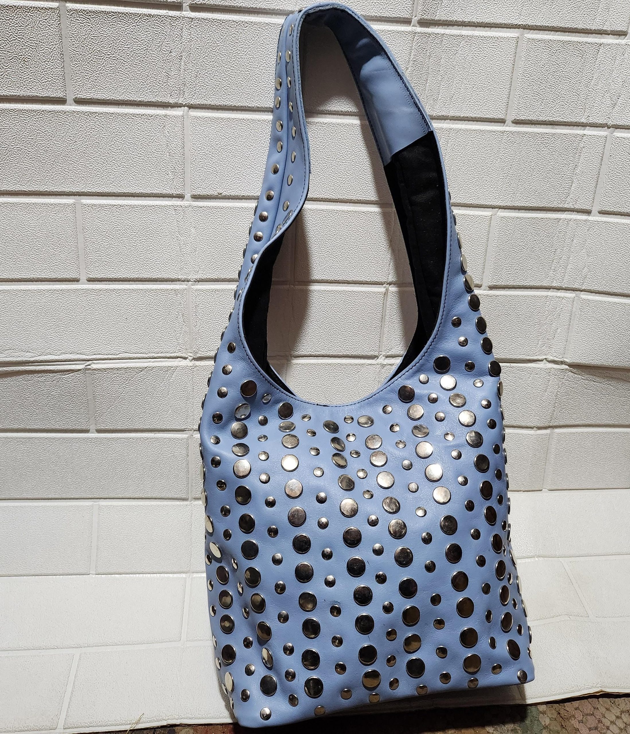 Moroccan Leather Tote – Soft Blue Studded Shoulder Bag | Handmade Boho Artisan Purse | Light Blue Shopper – Large & Small Sizes
