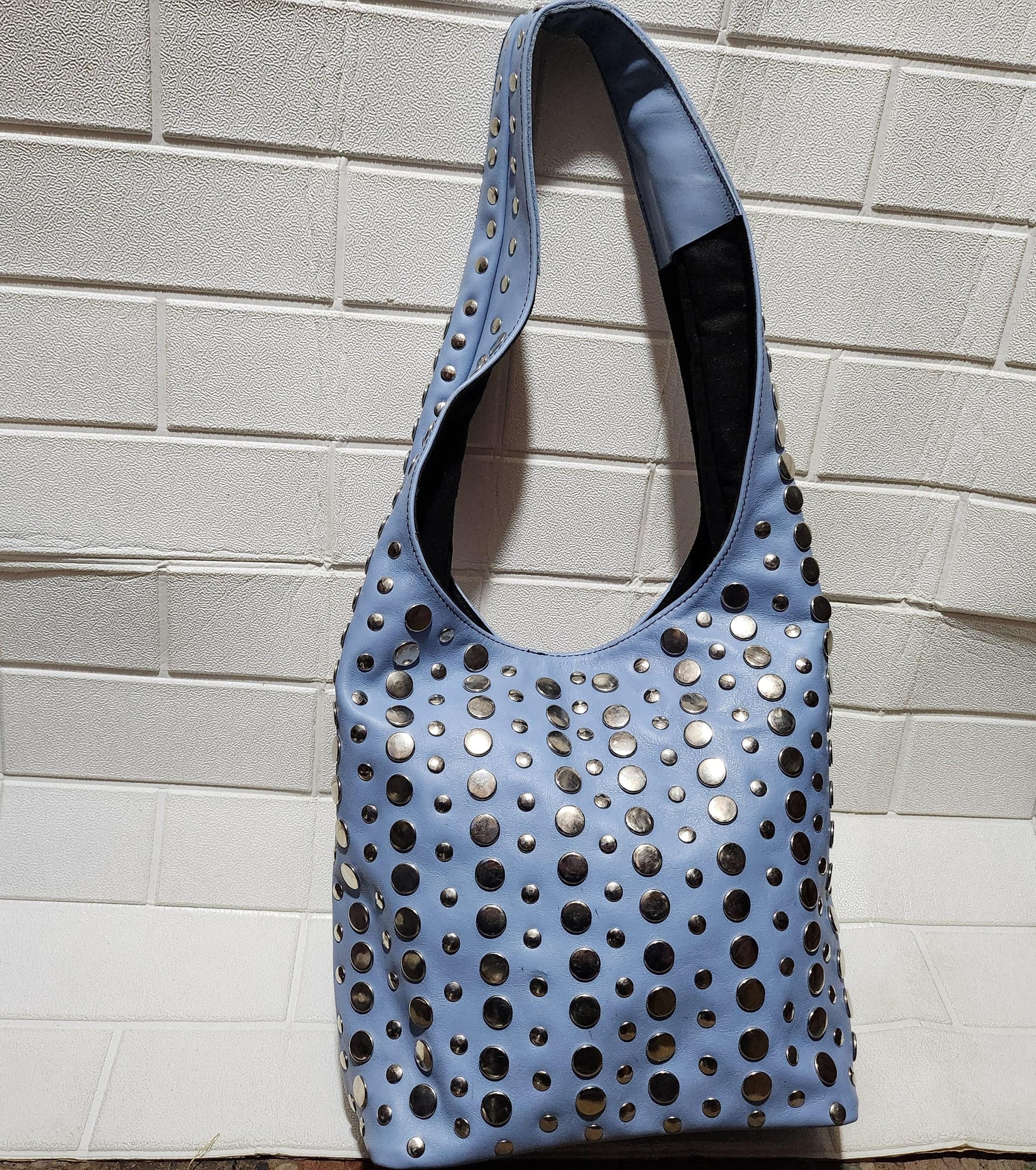 Moroccan Leather Tote – Soft Blue Studded Shoulder Bag | Handmade Boho Artisan Purse | Light Blue Shopper – Large & Small Sizes
