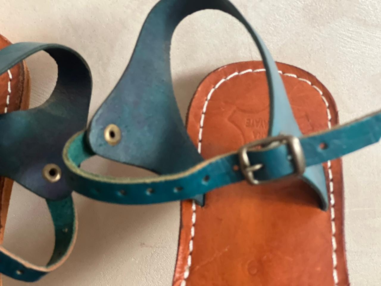 Handmade Moroccan Blue Leather Sandals Women Flat Strappy Summer Shoes