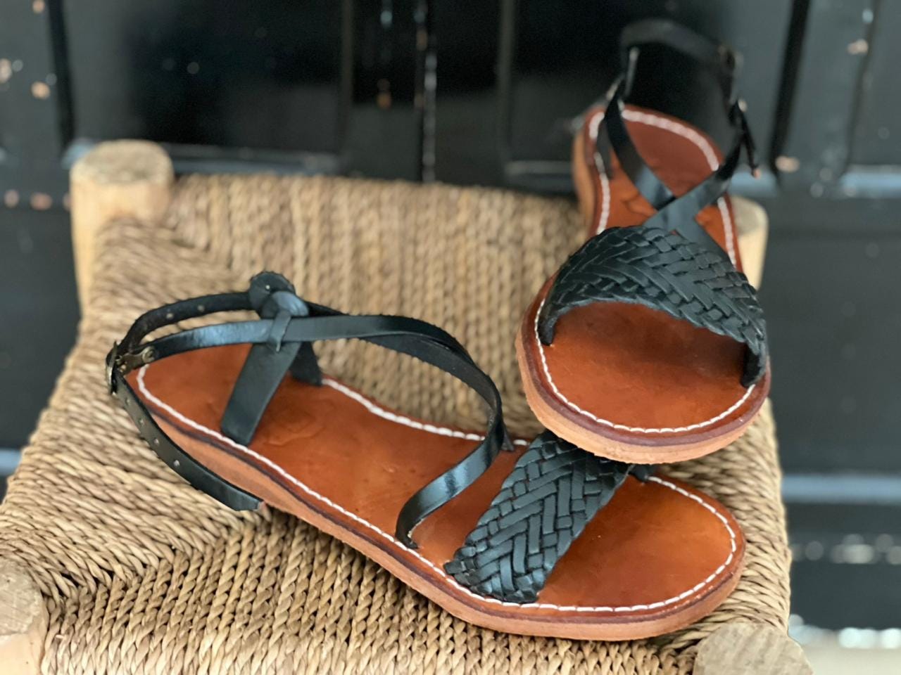 Black Braided Moroccan Leather Sandals – Handmade Flat Straps – Custom Fit